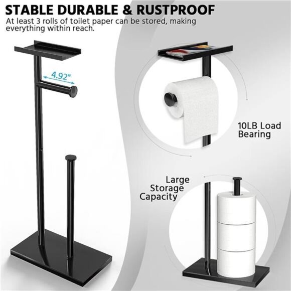Black Toilet Paper Holder Stand with Shelf Free Standing Bathroom Storage Rack - Picture 4 of 7